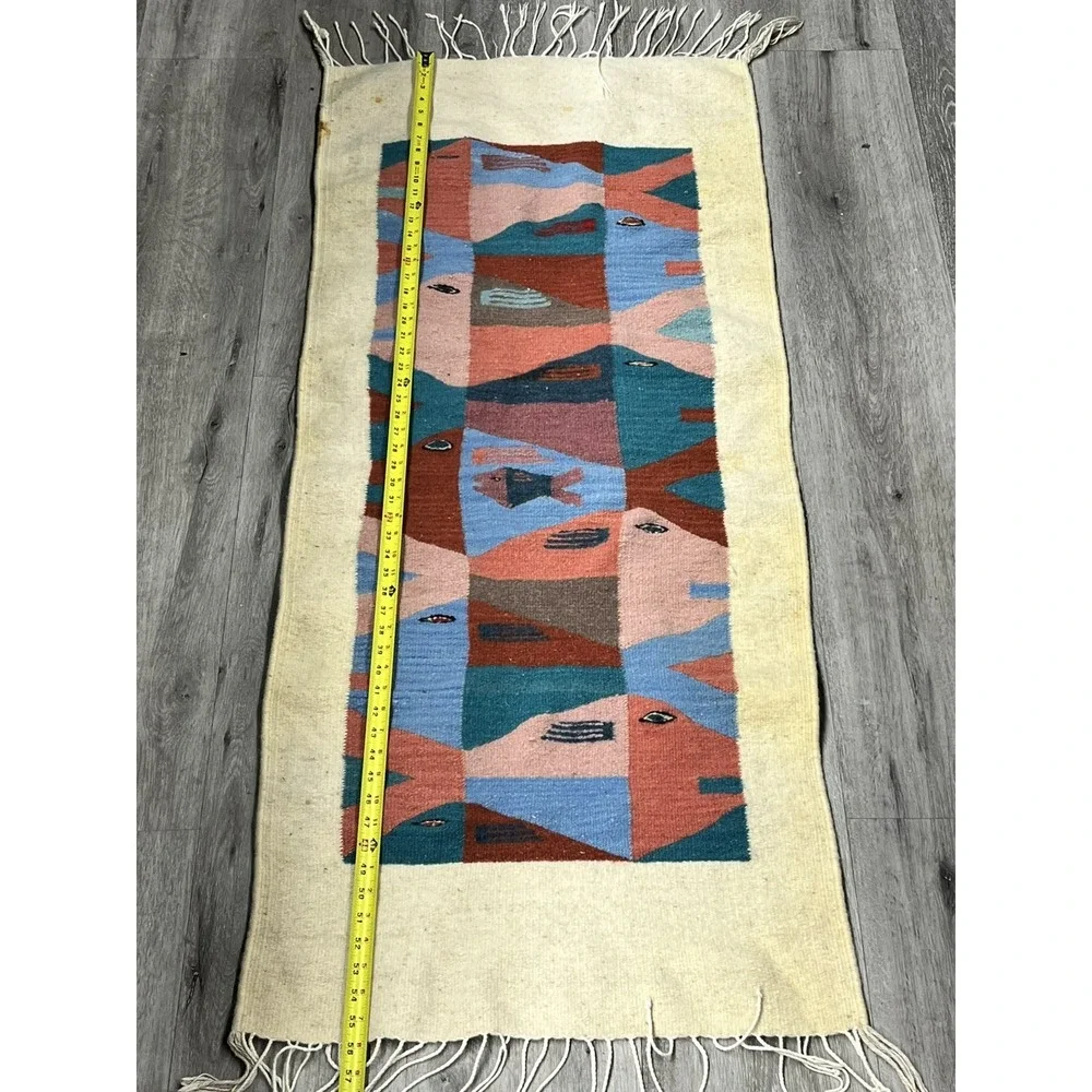 Vintage Zapotec Oaxacan Fringed Mexican Wool Rug Fish Stories Rug 58 X 23.5